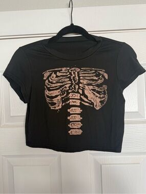 Black Crop Tee with Bleached Ribcage Graphic